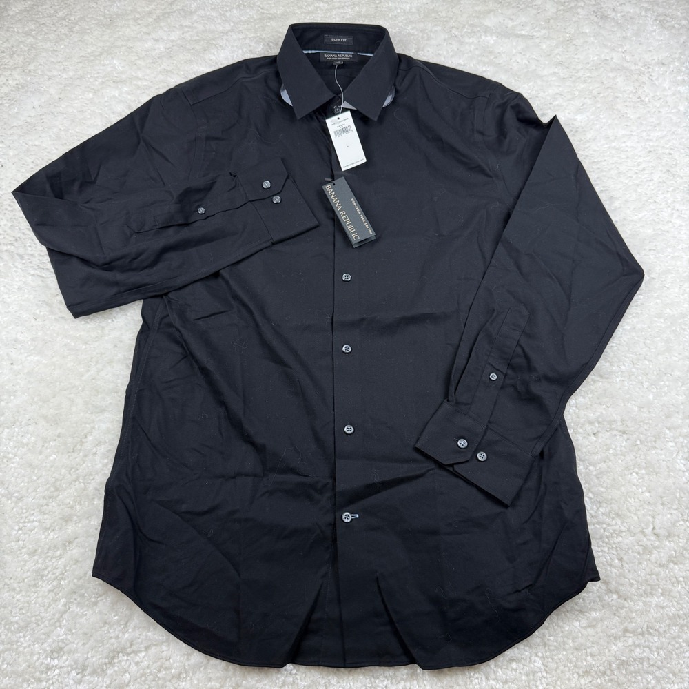 Banana Republic Dress Shirt Men L Black Slim Fit Non-Iron Cotton Long Sleeve NWT